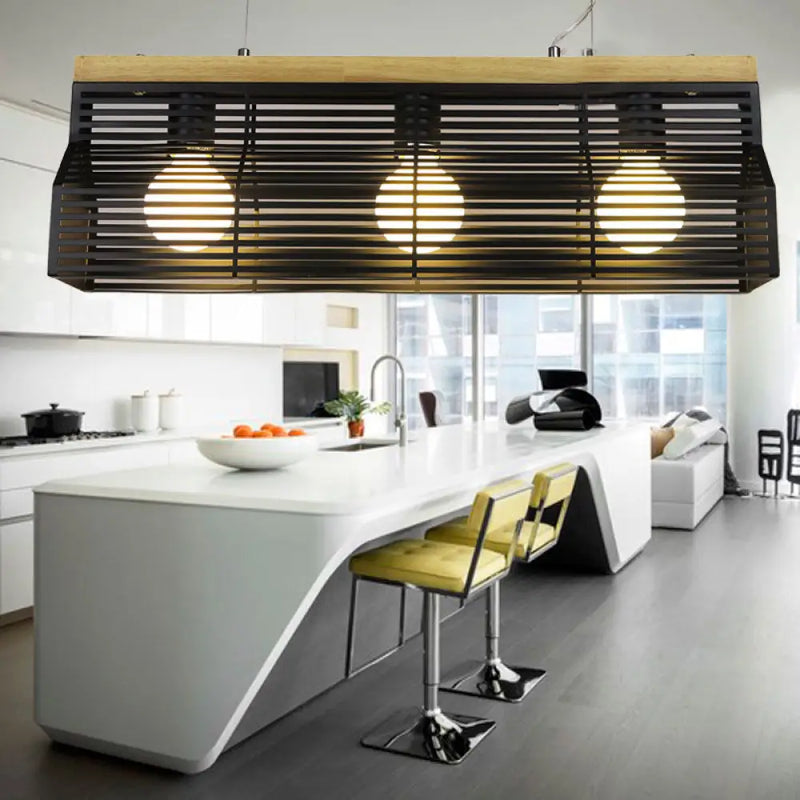 DecorBites™ Modern Black/White Linear Island Pendant Light - 3-Light Metal and Wood - Dining Room Lighting