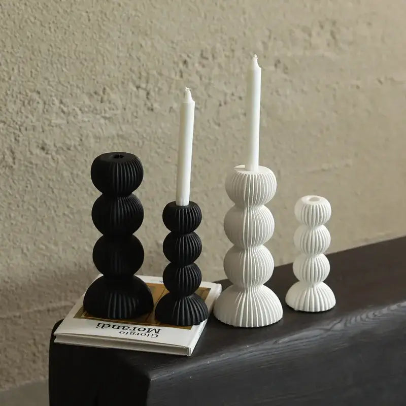 Modern black & white ribbed geometric ceramic candle holder living room