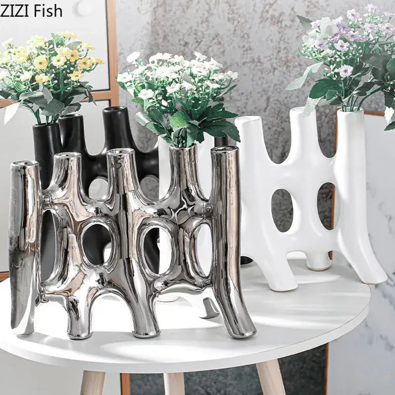 Modern black & white sculptural ceramic vase living room decor