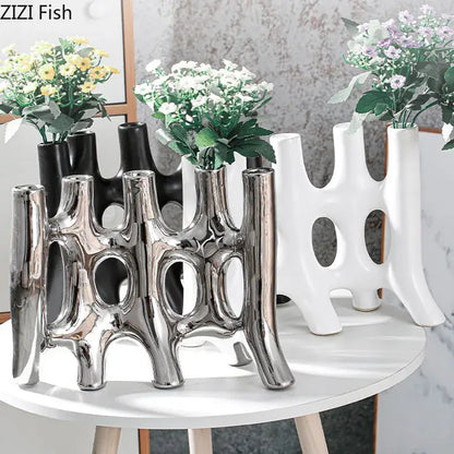 Modern black & white sculptural ceramic vase living room decor