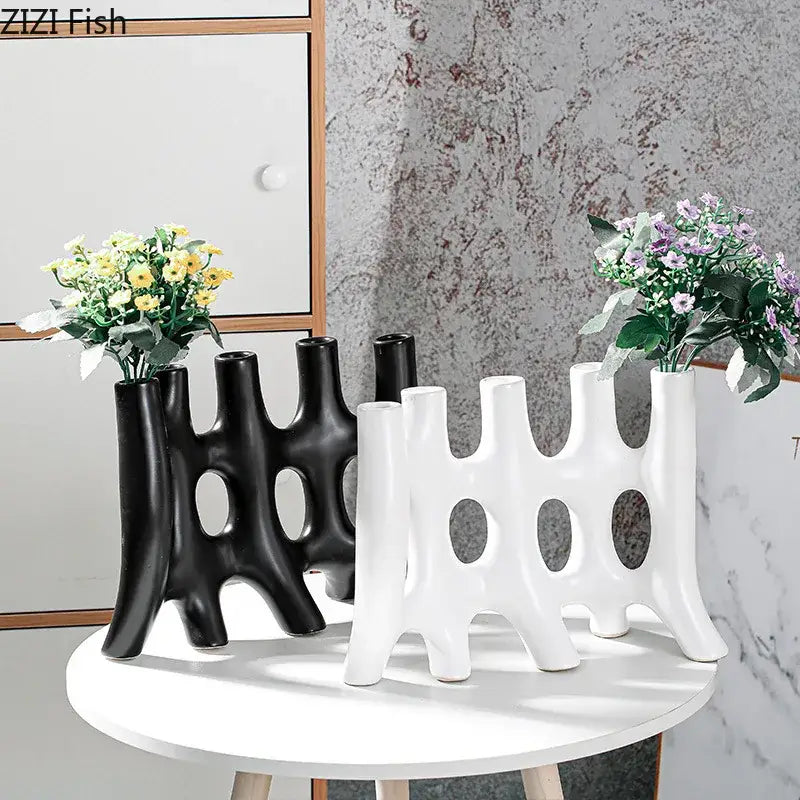 Modern black & white sculptural ceramic vase living room decor