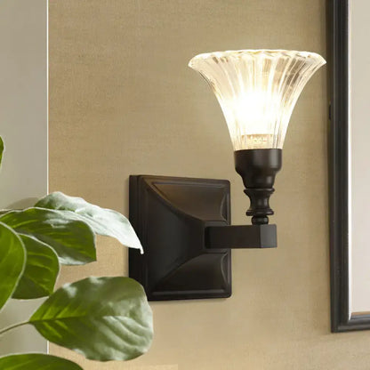 Modern black wide flare flush mount wall sconce – bedroom glass light