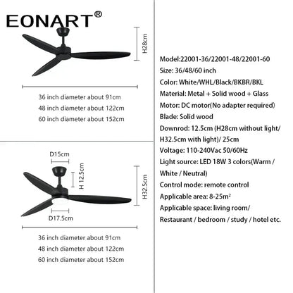 Modern black wood ceiling fan with led light and remote control bedroom