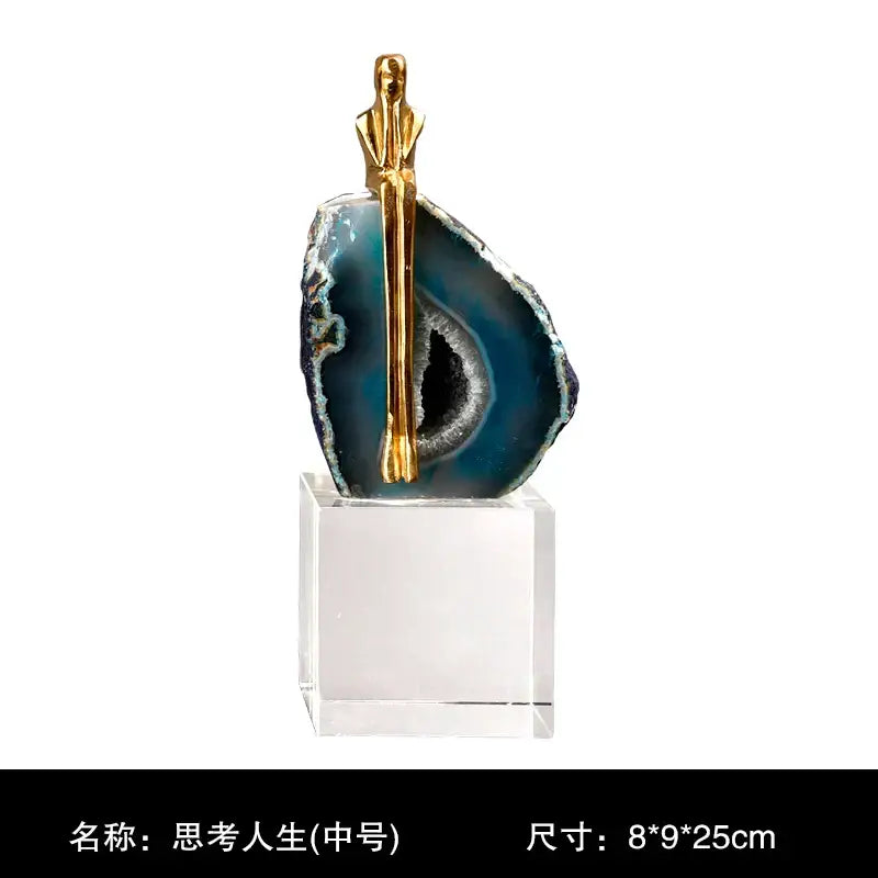 Modern blue agate crystal golden sculpture living room decor