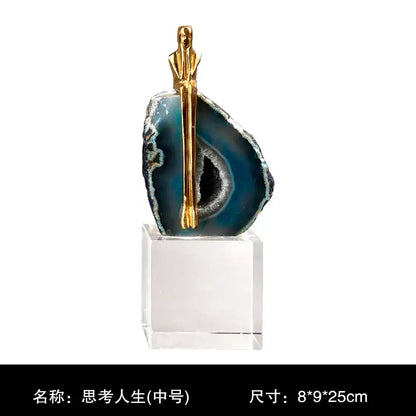 Modern blue agate crystal golden sculpture living room decor