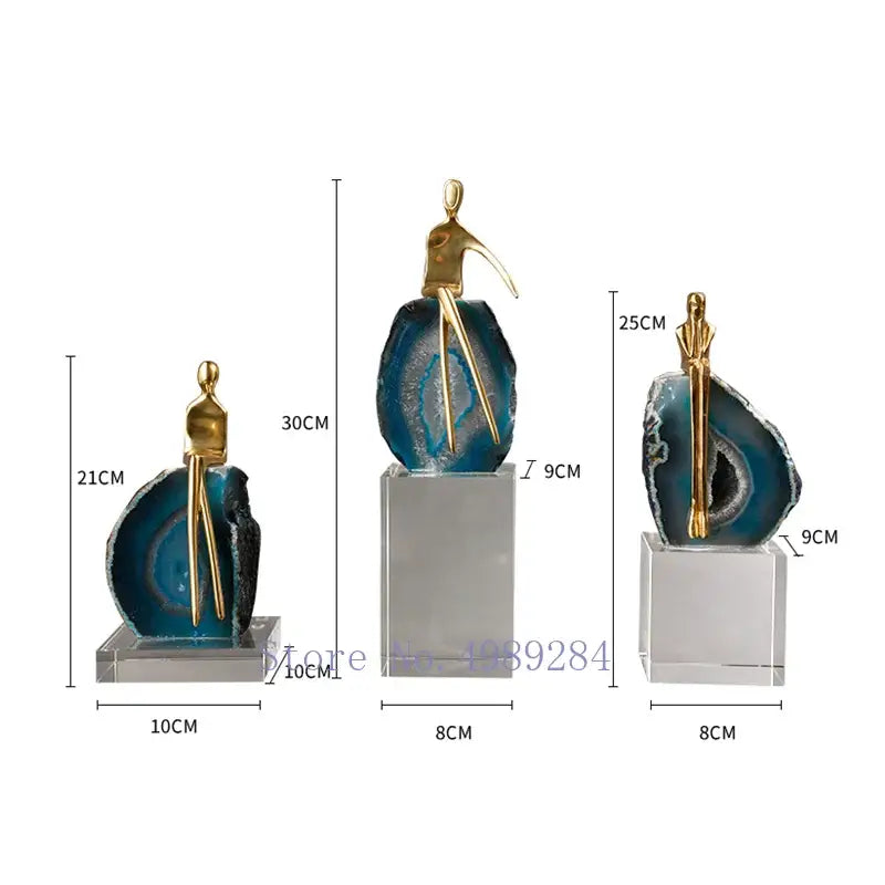 Modern blue agate crystal golden sculpture living room decor