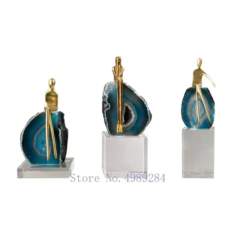 Modern blue agate crystal golden sculpture living room decor