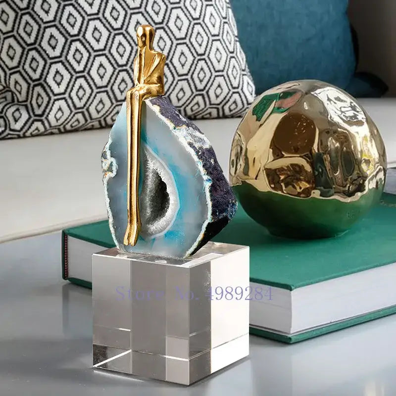 Modern blue agate crystal golden sculpture living room decor