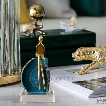 Modern blue agate crystal golden sculpture living room decor