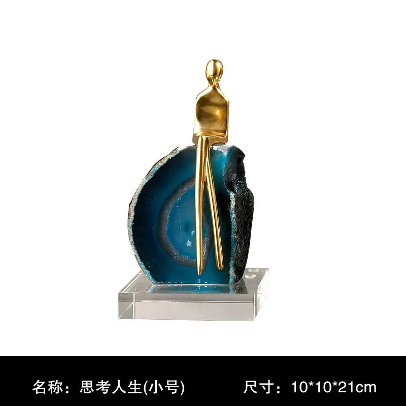 Modern blue agate crystal golden sculpture living room decor