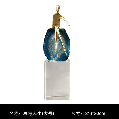 Modern blue agate crystal golden sculpture living room decor