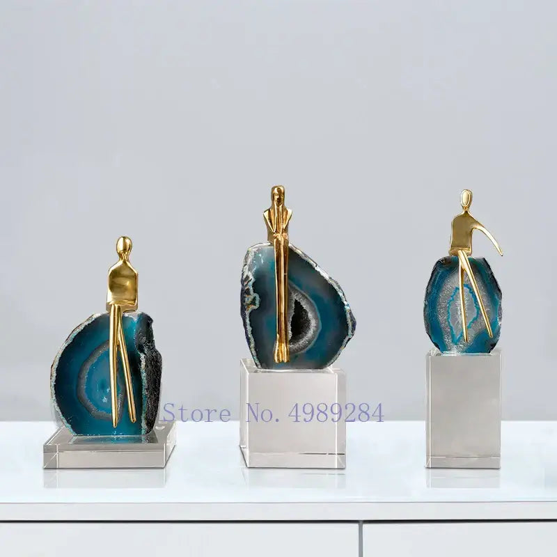 Modern blue agate crystal golden sculpture living room decor