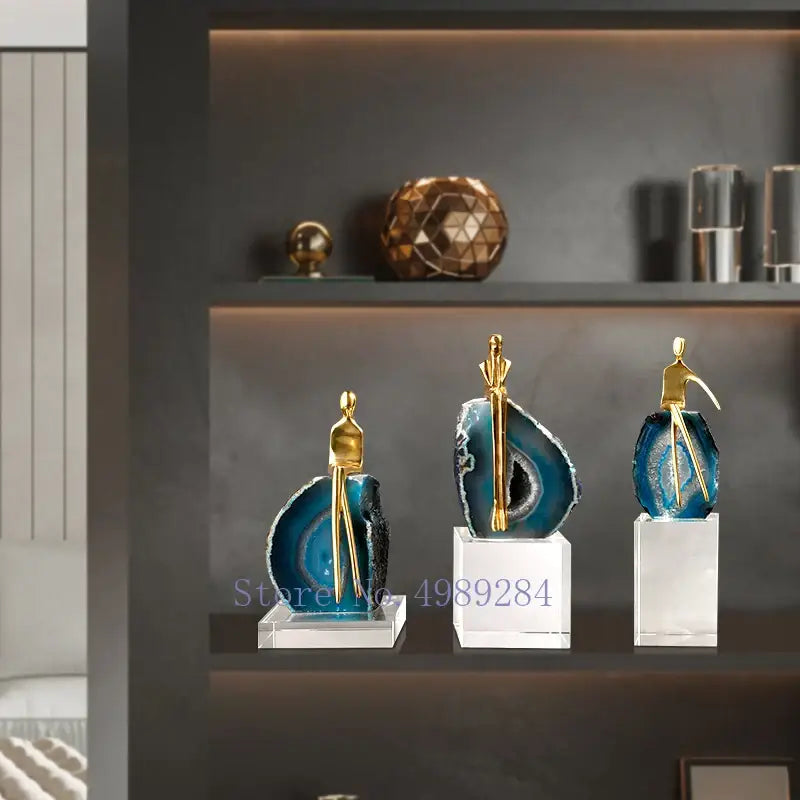 Modern blue agate crystal golden sculpture living room decor