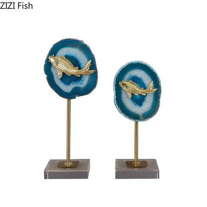 Modern blue agate & golden fish statue living room decor