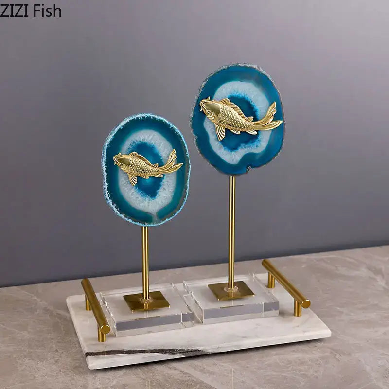 Modern blue agate & golden fish statue living room decor