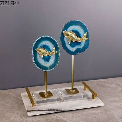 Modern blue agate & golden fish statue living room decor