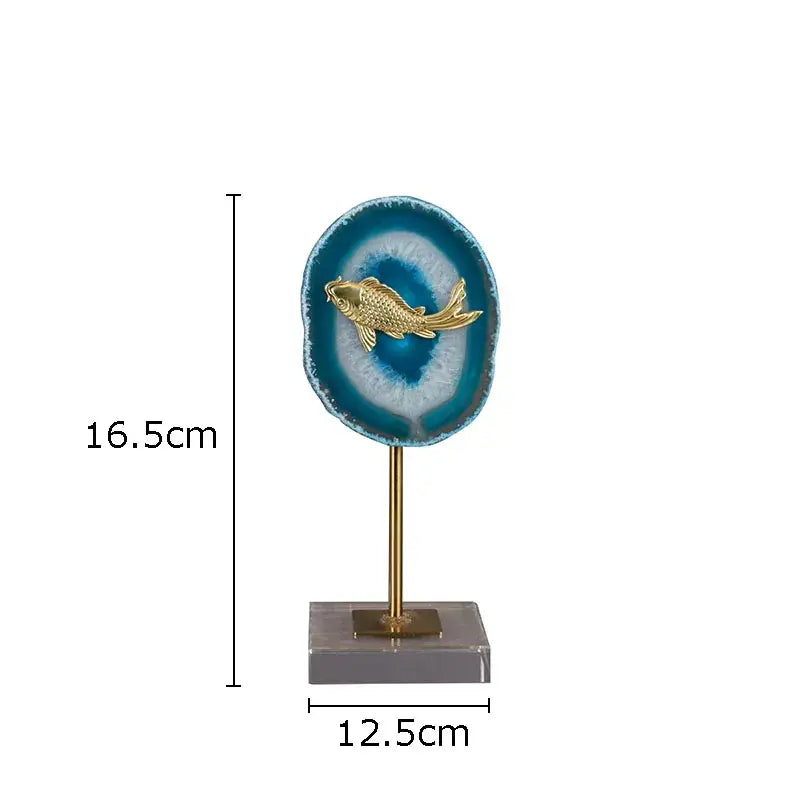 Modern blue agate & golden fish statue living room decor
