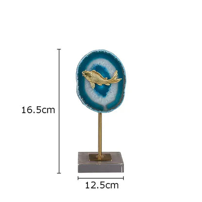 Modern blue agate & golden fish statue living room decor