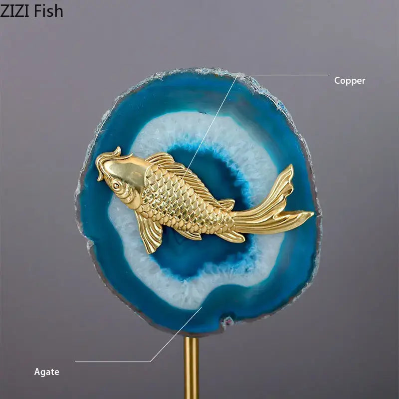 Modern blue agate & golden fish statue living room decor