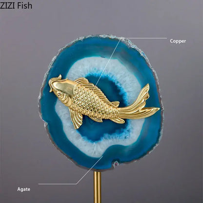 Modern blue agate & golden fish statue living room decor