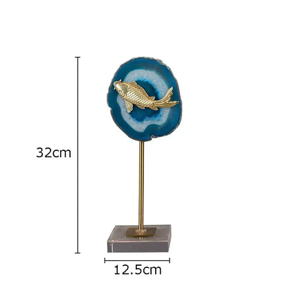 Modern blue agate & golden fish statue living room decor