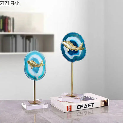 Modern blue agate & golden fish statue living room decor