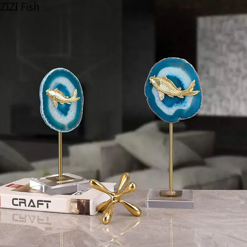 Modern blue agate & golden fish statue living room decor