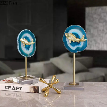 Modern blue agate & golden fish statue living room decor