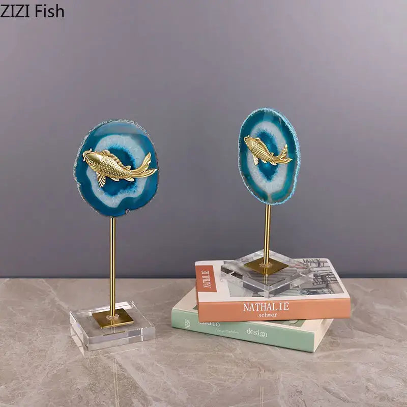 Modern blue agate & golden fish statue living room decor