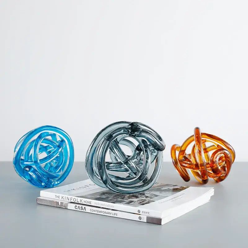 Modern blue amber and gray glass coil ball decorative figurine living room decor