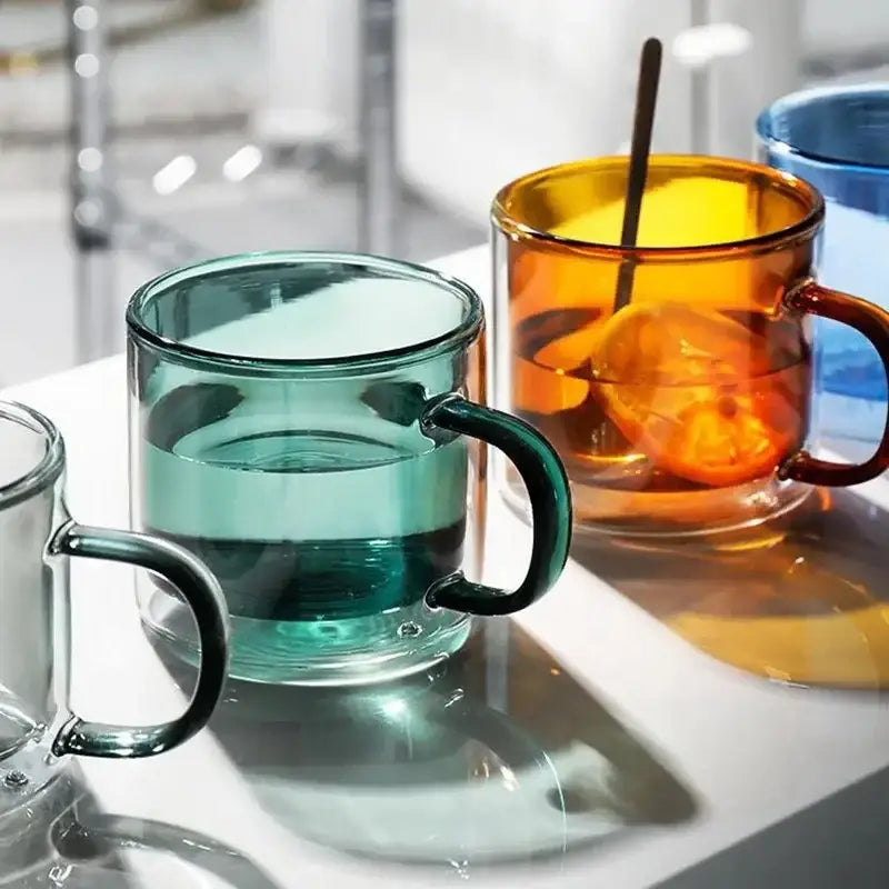 Modern blue amber & green glass mugs set dining room cups