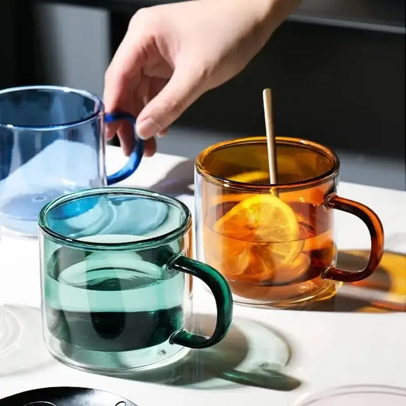 Modern blue amber & green glass mugs set dining room cups