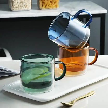Modern blue amber & green glass mugs set dining room cups