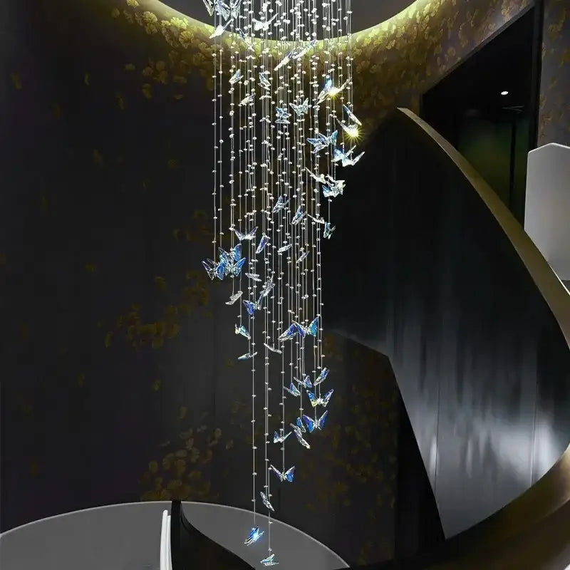 Modern blue & clear butterfly crystal chandelier staircase light