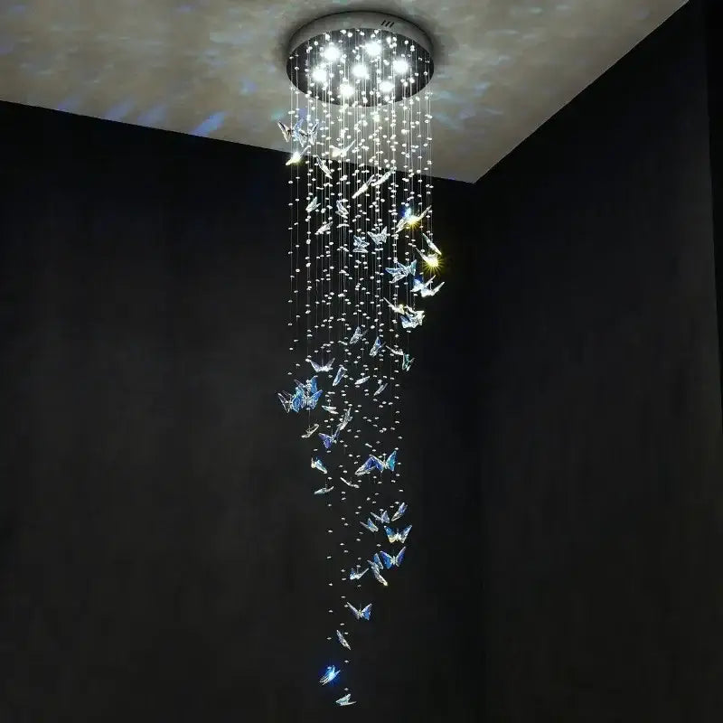 Modern blue & clear butterfly crystal chandelier staircase light