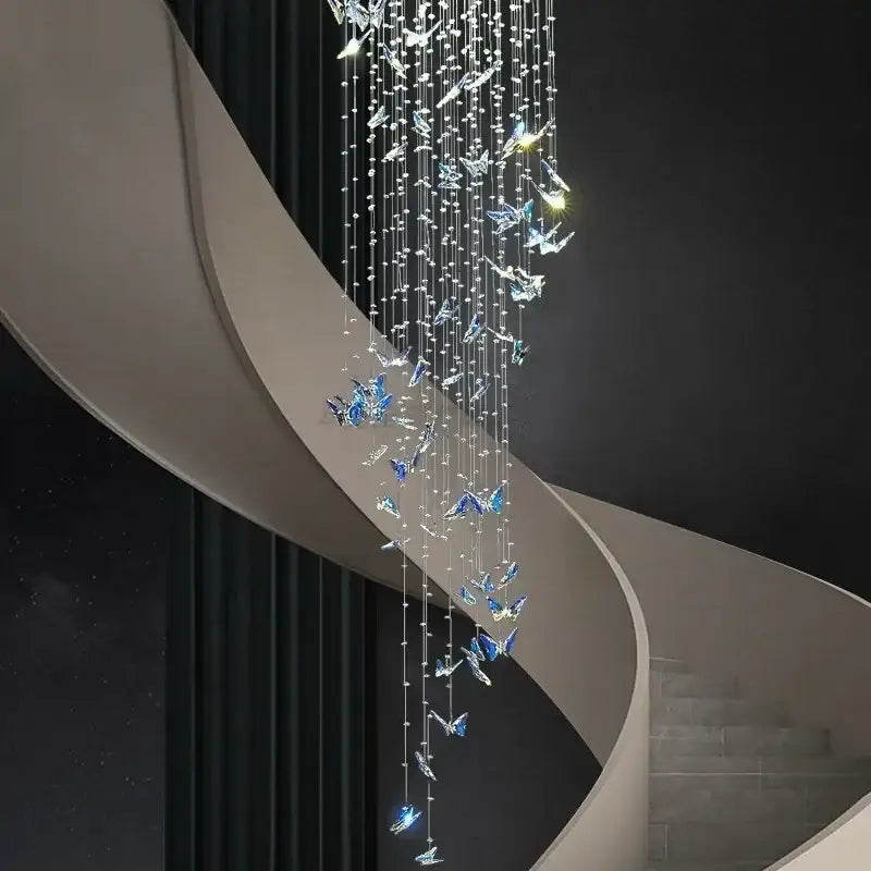 Modern blue & clear butterfly crystal chandelier staircase light