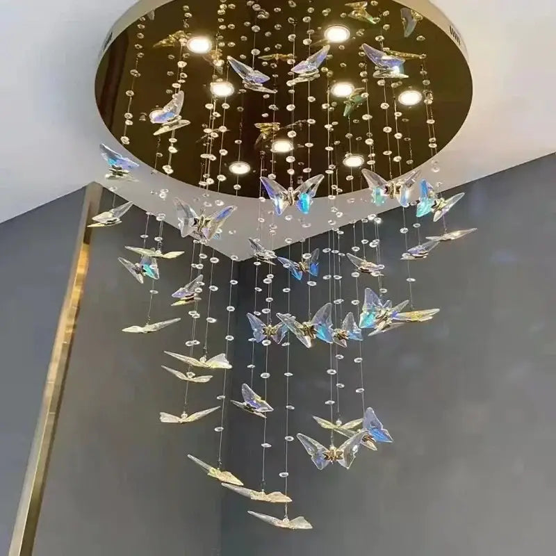 Modern blue & clear butterfly crystal chandelier staircase light