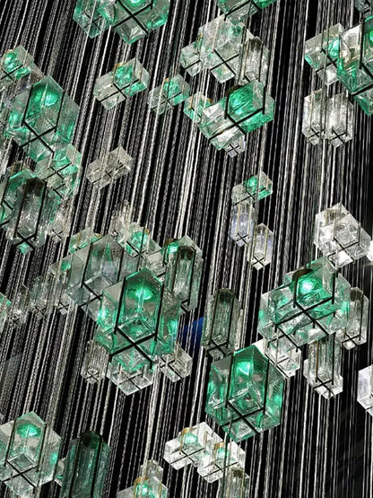 Modern blue & clear crystal cube pendant light living room chandelier