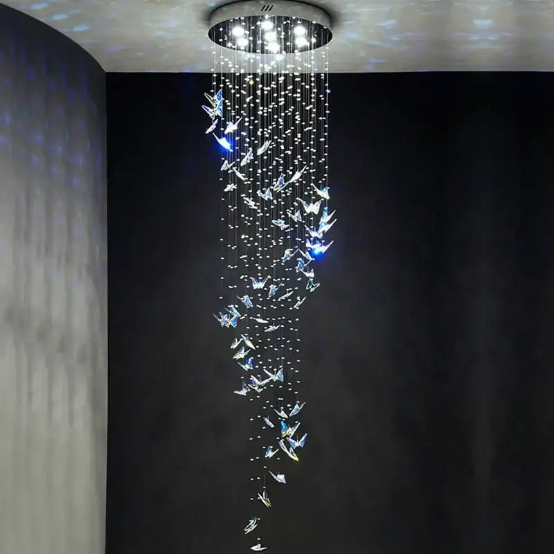 Modern blue & clear crystal staircase chandelier living room light