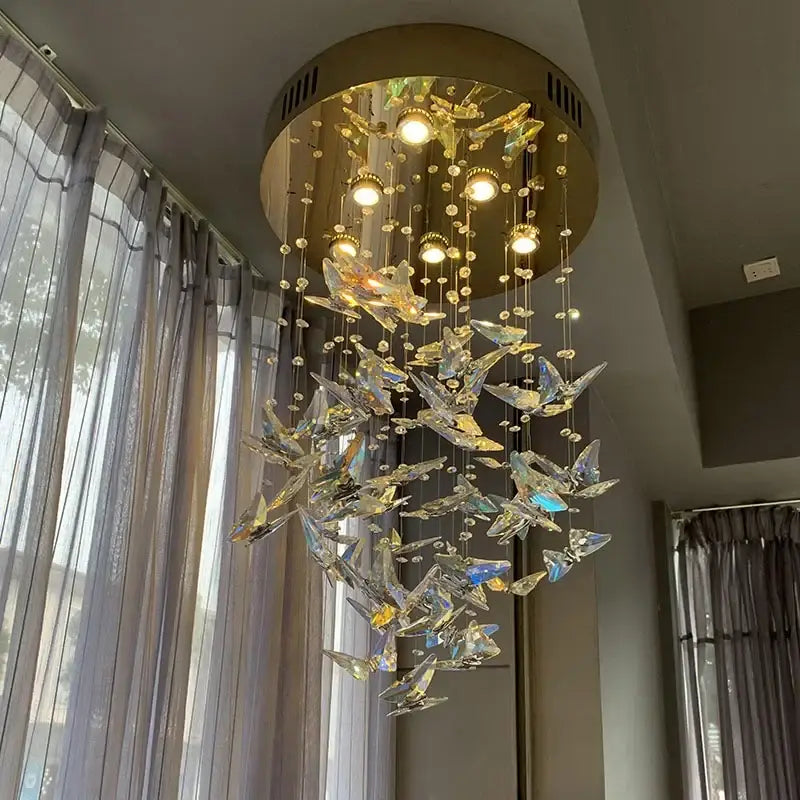 Modern blue & clear crystal staircase chandelier living room light