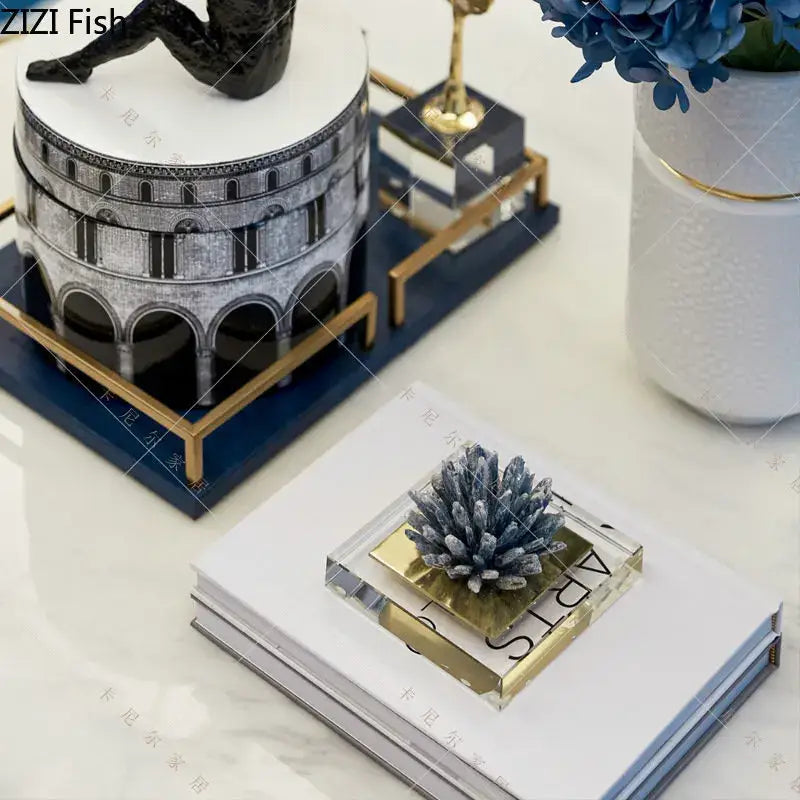 Modern blue crystal flower marble base sculpture living room decor