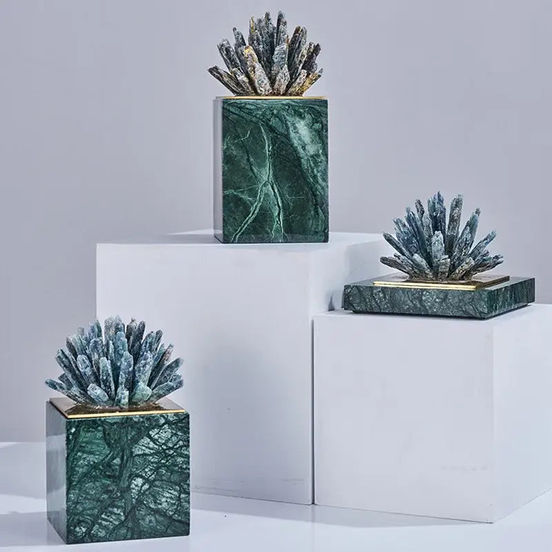 Modern blue crystal flower marble base sculpture living room decor