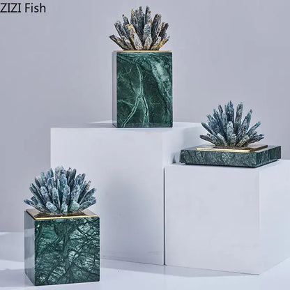 Modern blue crystal flower marble base sculpture living room decor