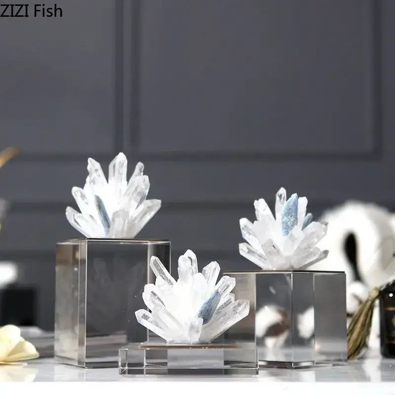 Modern blue crystal flower marble base sculpture living room decor