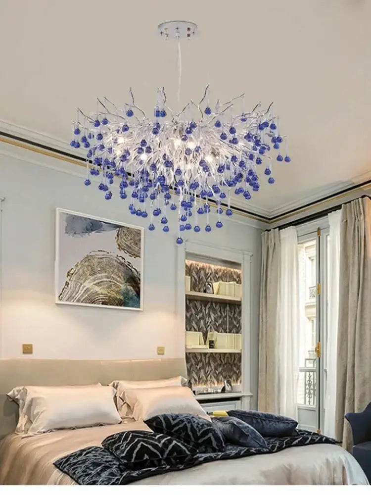 Modern blue crystal led pendant light living room tree chandelier