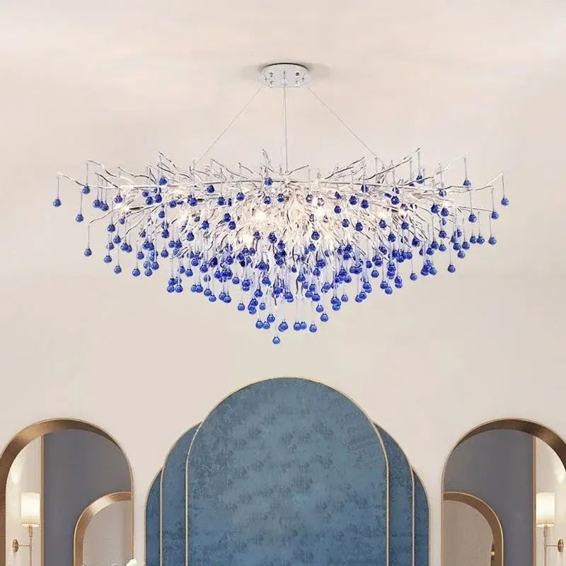 Modern blue crystal led pendant light living room tree chandelier
