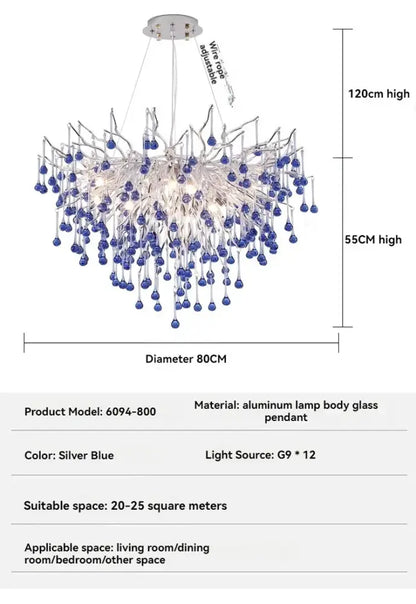 Modern blue crystal led pendant light living room tree chandelier