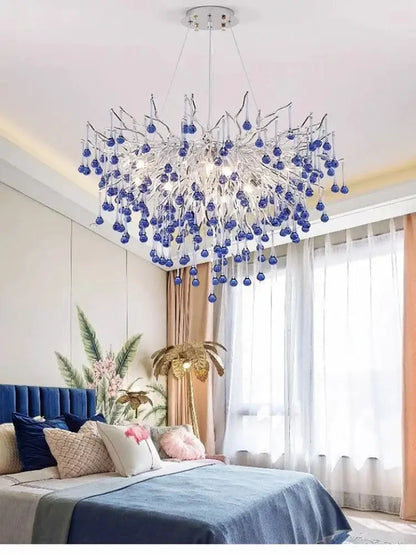 Modern blue crystal led pendant light living room tree chandelier