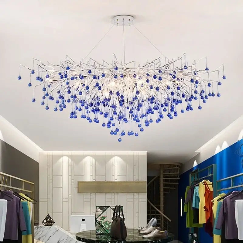 Modern blue crystal led pendant light living room tree chandelier