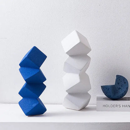 Modern blue geometric square sculpture stack living room decor